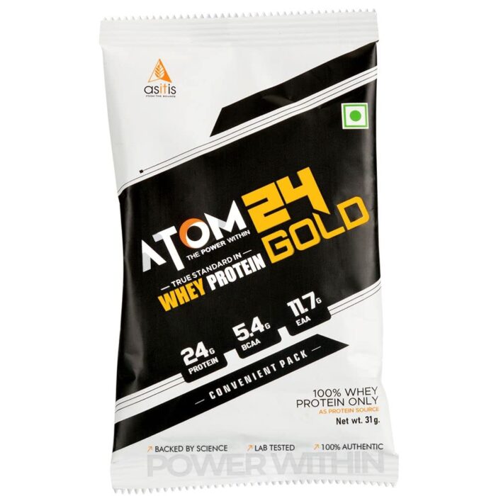 AS-IT-IS ATOM 24 Gold Whey Protein Single Serving Sachet - 31 grams | Combination of Whey Isolate & Concentrate | 24g Protein | 5.4g BCAA | 11.7g EAA