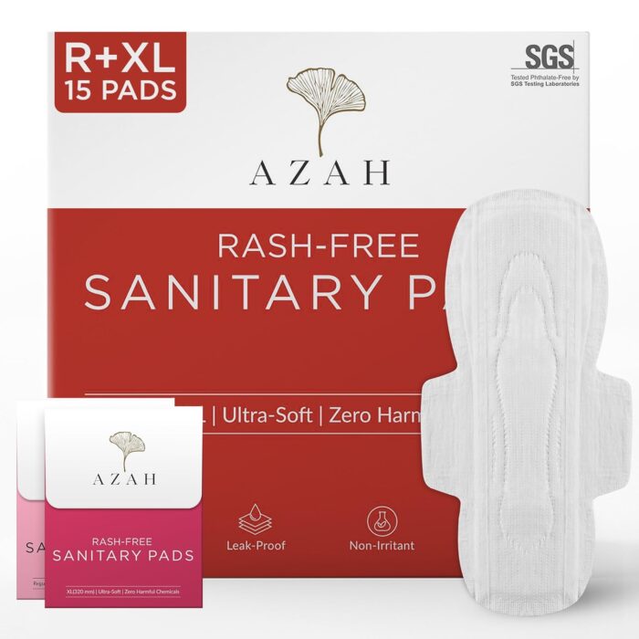 AZAH Sanitary Pads for Women (10 Reg + 5 XL) [Pack of 15] 100% Rash-Free sanitary napkins | 3x More Absorption, Cottony Soft and Dry Top Cover for heavy Flow | Leak-Proof | With Disposable Bag
