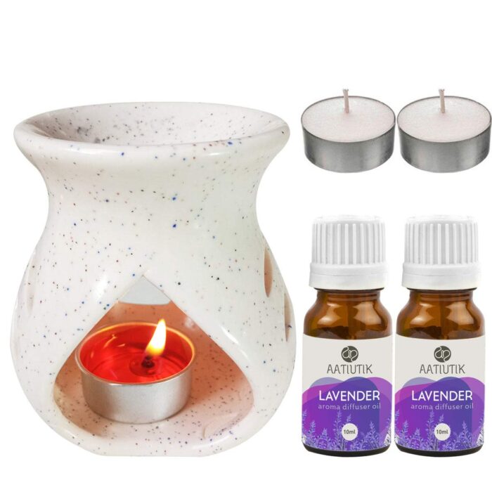 Aatiutik Ceramic Aroma Diffuser Oil Burner Home Fragrance with 2 Lavender Aroma Oil 10ml Each & 2 Tlight Free for Home Office Hotel Spa