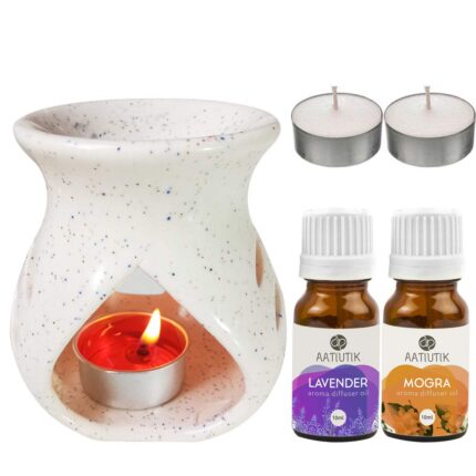 Aatiutik Ceramic Aroma Diffuser Oil Burner Home Fragrance with Lavender Mogra Aroma Oil 10ml Each & 2 Tlight Free for Home Office Hotel Spa