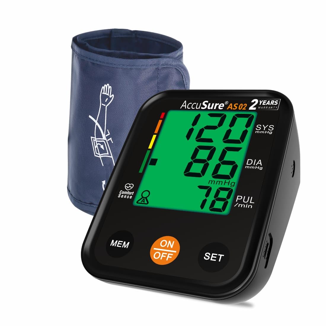 AccuSure 3-Color Display Blood Pressure Monitor – Fully Automatic | Digital Large Display | Adjustable Arm Cuff | Type-C USB Port | 2-Year Brand Warranty – Black