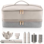 Adworte Travel Carrying Case For Hair Dryer Shark Flexstyle Dyson Airwrap Brush Double-Layer Hair Accessories Tools Storage Bag For Revlon Hairdryer Styler Organizer, Gray Paneled Beige Leather