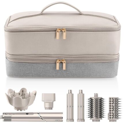 Adworte Travel Carrying Case For Hair Dryer Shark Flexstyle Dyson Airwrap Brush Double-Layer Hair Accessories Tools Storage Bag For Revlon Hairdryer Styler Organizer, Gray Paneled Beige Leather