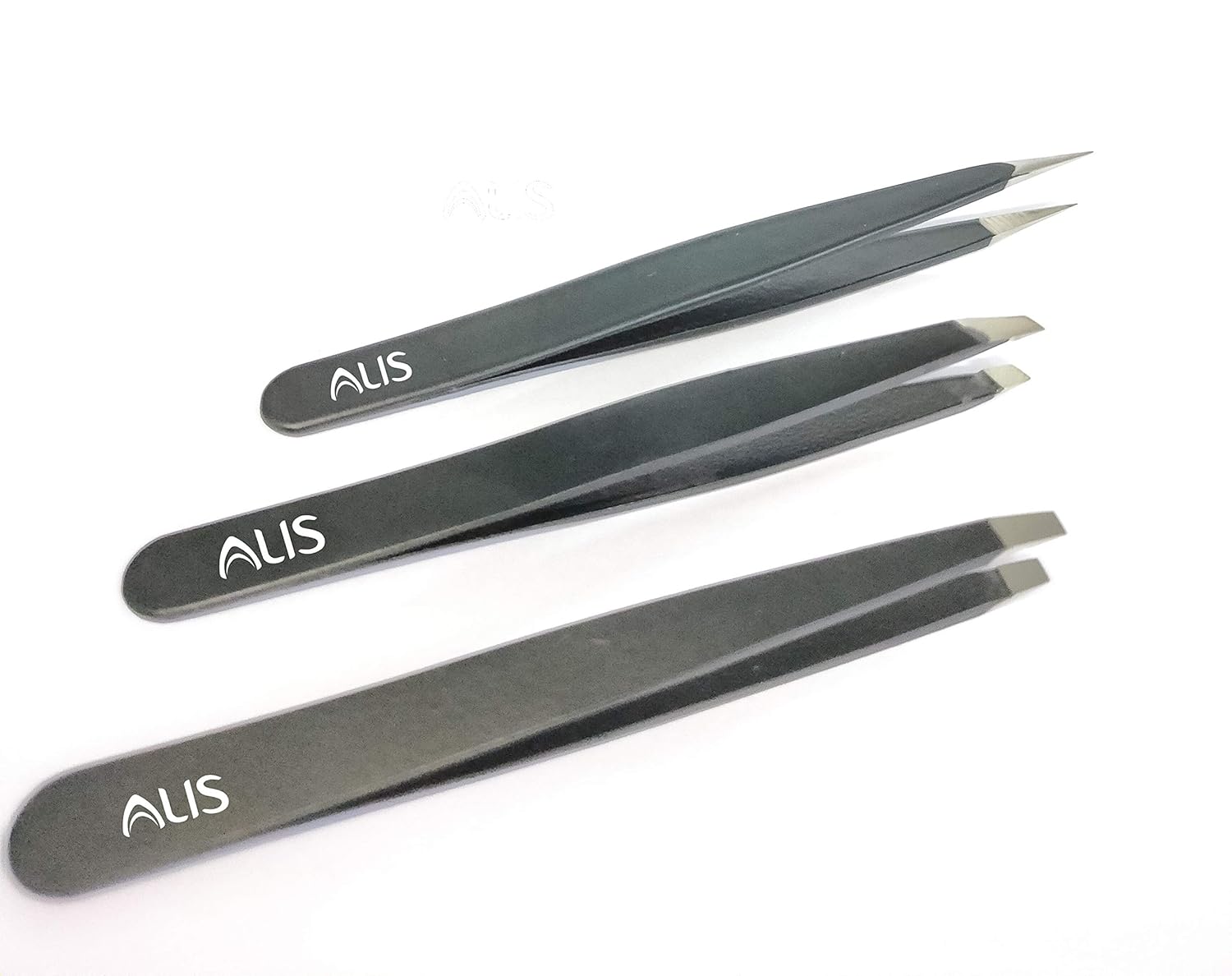 Alis Professional Stainless Steel Tweezers Set – 3 Pieces Combo Set | Great Precision for Facial Hair, Eyebrows Extensions, Ingrown Hair, Splinter, Blackhead, Nose Hair Remover (Black)