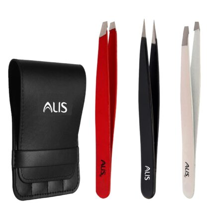 Alis Professional Tweezers Set of 3 For Facial Hair, Ingrown Hair, Splinter and Blackhead Remover Red, White, Black /1Set