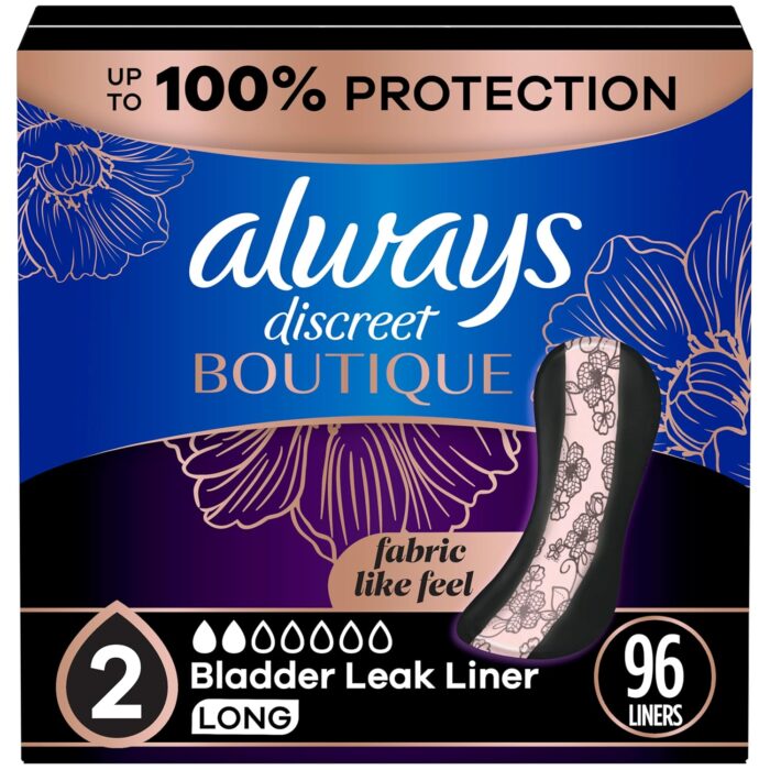 Always Discreet Boutique Incontinence Liners, Very Light Absorbency, 96 Count, Long Length (3 Packs of 32 - 96 Count Total)