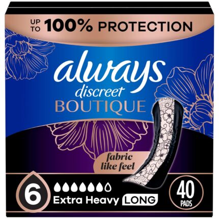 Always Discreet Boutique Incontinence Pads, Extra Heavy Absorbency, 40 Count, Long Length (2 Packs of 20 - 40 Count Total)