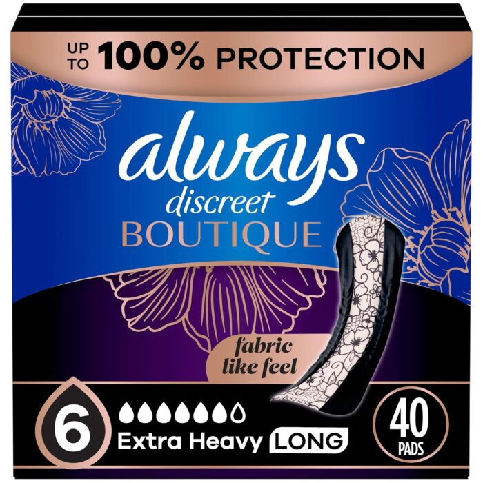 Always Discreet Boutique Incontinence Pads, Extra Heavy Absorbency, 40 Count, Long Length (2 Packs of 20 - 40 Count Total)