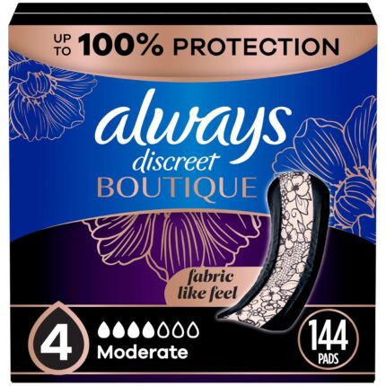 Always Discreet Boutique Incontinence Pads, Moderate Absorbency, 144 Count, Regular Length (3 Packs of 48 - 144 Count Total)