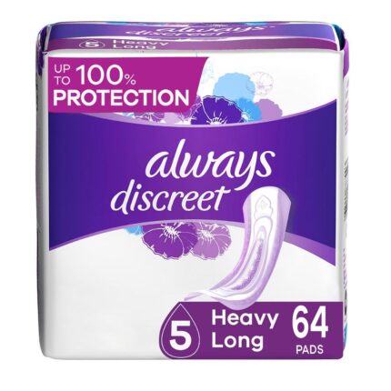 Always Discreet Incontinence Pads for Women, Extra Heavy Long Absorbency, 64 Count