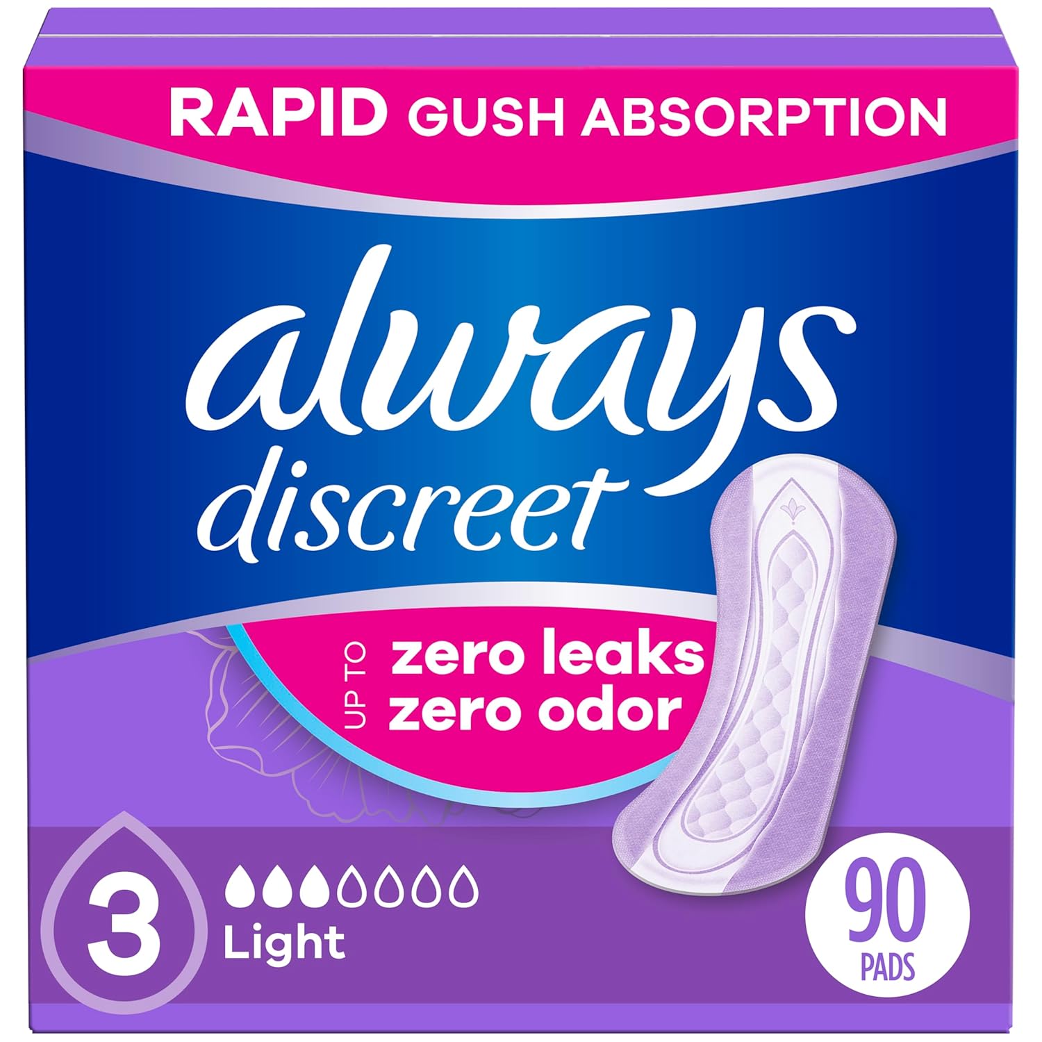 Always Discreet Incontinence Pads for Women, Light Absorbency, 90 Count (30 Count, Pack of 3-90 Count Total)