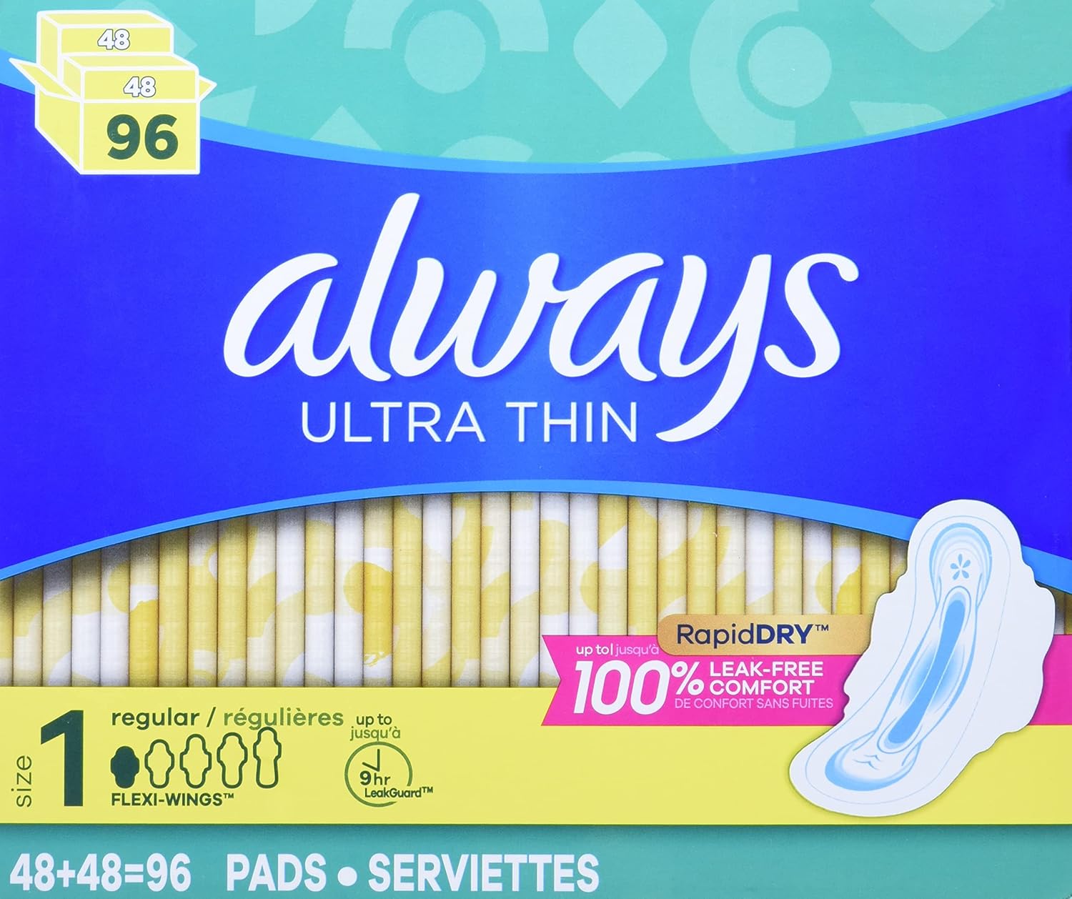 Always Ultra Thin Regular Pads With Wings, Unscented, 96 Count
