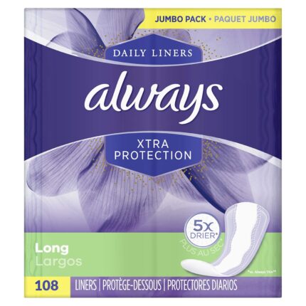 Always Xtra Protection Daily Liners, Long, 108 Count, Pack of 4 (Total 432 Count)
