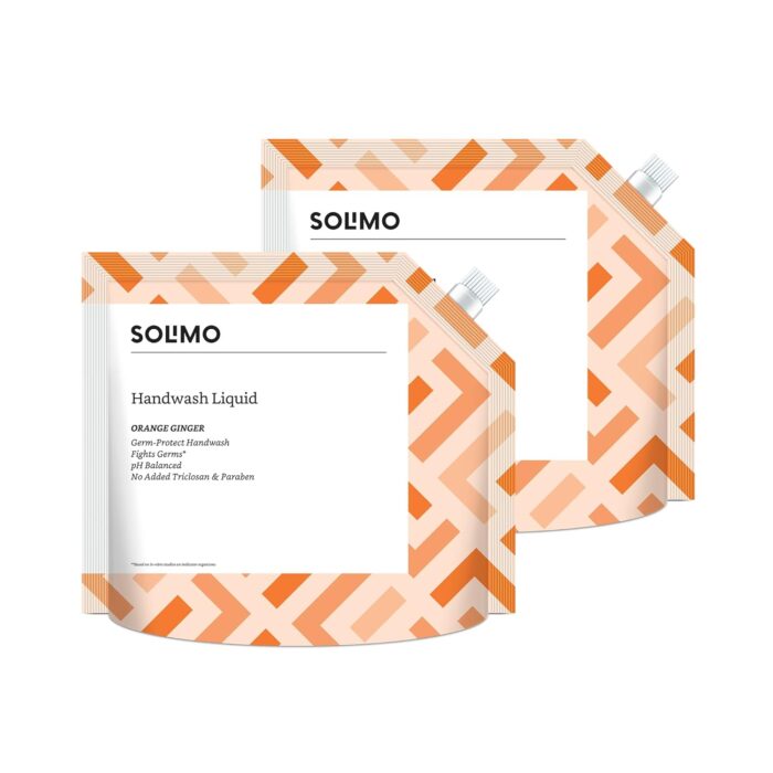 Amazon Brand - Solimo Handwash Liquid Refill Pouch | Orange Ginger | 3 Litre | 1500 ML X 2 | Antibacterial Germ-Protect | Advanced Disinfection Formula| pH Balanced
