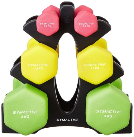 Amazon Brand - Symactive Neoprene Coated Dumbbell Combo Multi Colour with Stand 10 Kg, Set of 2 (0.5 Kg, 1.5 Kg, 3 Kg)