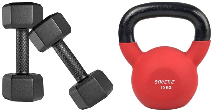 Amazon Brand - Symactive Neoprene Coated Solid Kettlebell for Gym Exercises, 10 Kg & Amazon Brand - Symactive Pvc 6 Kg Fixed Dumbbells Set For Full Body Workout (Set Of 2, 3 Kg)
