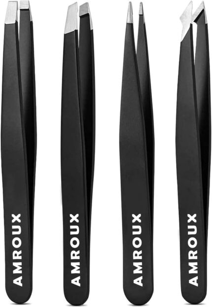Amorux 4Pcs Eyebrow Tweezers Set For Women Facial Hair Professional hair removal Stainless Steel Tweezers for Ingrown Facial Hair, Splinters (Tweezers Set)