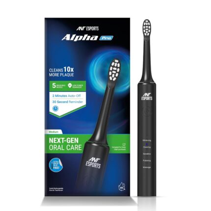 Ant Esports Alpha Pro Sonic Electric Toothbrush with 2 Brush Heads, Sonic Toothbrushes 40,000 VPM, 5 modes - 𝐖𝐡𝐢𝐭𝐞𝐧𝐢𝐧𝐠, 𝐂𝐥𝐞𝐚𝐧𝐢𝐧𝐠, S𝐞𝐧𝐬𝐢𝐭𝐢𝐯𝐞, P𝐨𝐥𝐢𝐬𝐡𝐢𝐧𝐠, M𝐚𝐬𝐬𝐚𝐠𝐞, IPX7, Ergonomic Designs, Fast Charge 4hours last up to 30days, Smart Travel Power Toothbrush for Adult Men & Women – Black