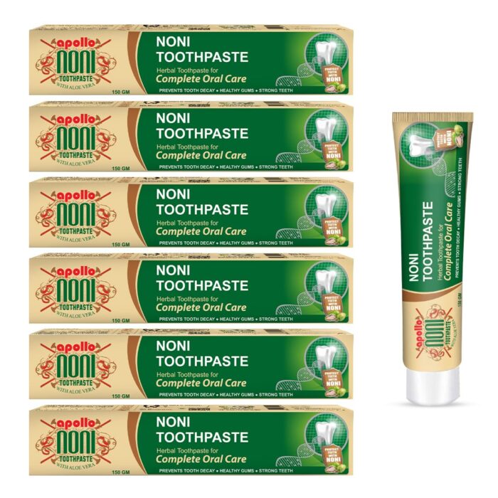 Apollo Noni Toothpaste for Entire Family, Daily Oral Detox - Pure Herbal, Natural, No Chemicals - Protect Enamels, Strengthens Gums, Reduce Plaque | 150gm (Pack of 6)