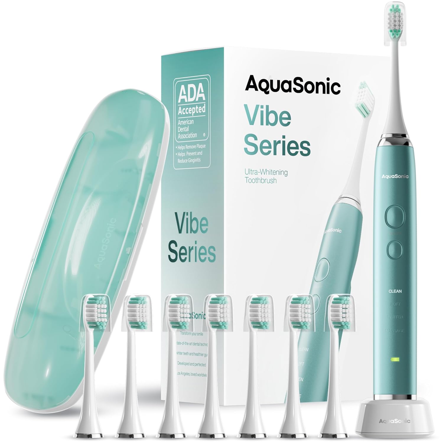 Aquasonic Adult Vibe Series Ultra-Whitening Automatic Toothbrush Ada Accepted Power Toothbrush 8 Brush Heads&Travel Case 40,000 Vpm Motor&Wireless Charging -4 Modes W Smart Timer Mint Green Metallic