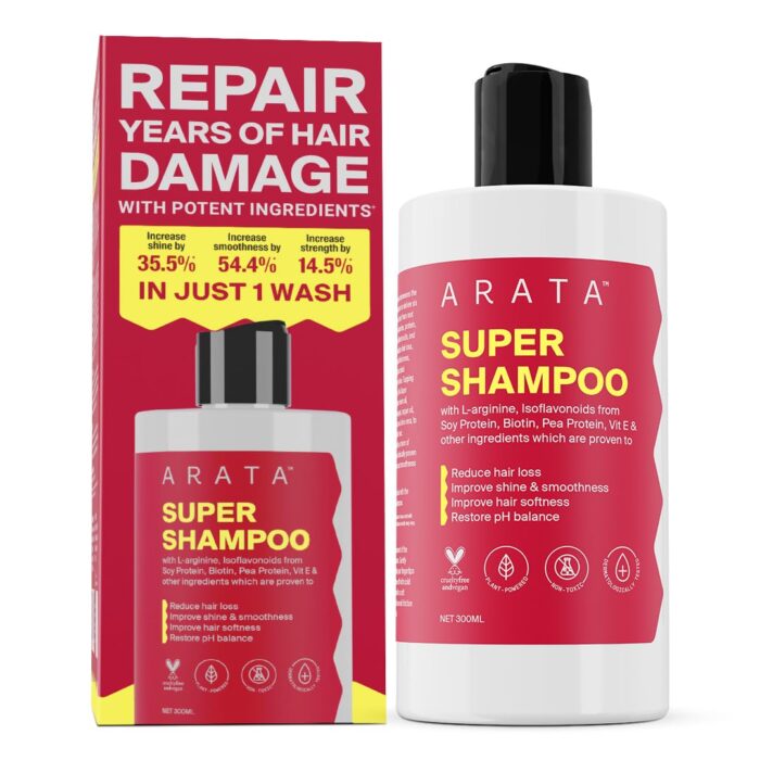Arata Super Shampoo (300ml) with Argan Oil, Biotin & Soy Protien| Prevents Hair loss | Boosts Hair Thickness | Reduces Breakage | Fights Microbial Infections | Adds Shine | Shampoo For Women & Men