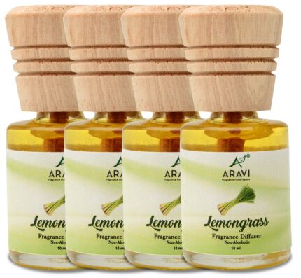 Aravi Fragrance from Nature Lemongrass Small Reed Diffuser,Air Freshener For Living Room Bedroom and Bathroom, Scented Anti-Bacterial Essential Oil, Helps with Headaches, 10 ml, Pack of 4