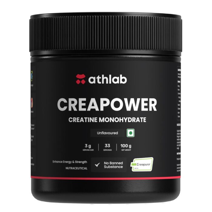 Athlab (by Nutrabay) CreaPower Micronized Creatine Monohydrate Powder - 100g | 100% Creapure® from Germany | NABL Lab Tested | 3g Creatine/Serving | Increases Muscle Mass, Strength, & Power
