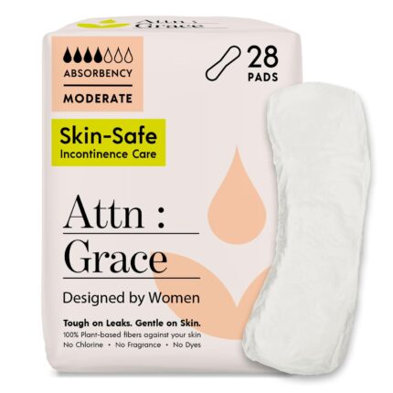 Attn: Grace Incontinence Moderate Pads for Women - 28-Pack - Moderate Urinary Incontinence or Bladder Leakage - 100% Breathable and Plant-Based Materials, Active Odor Control