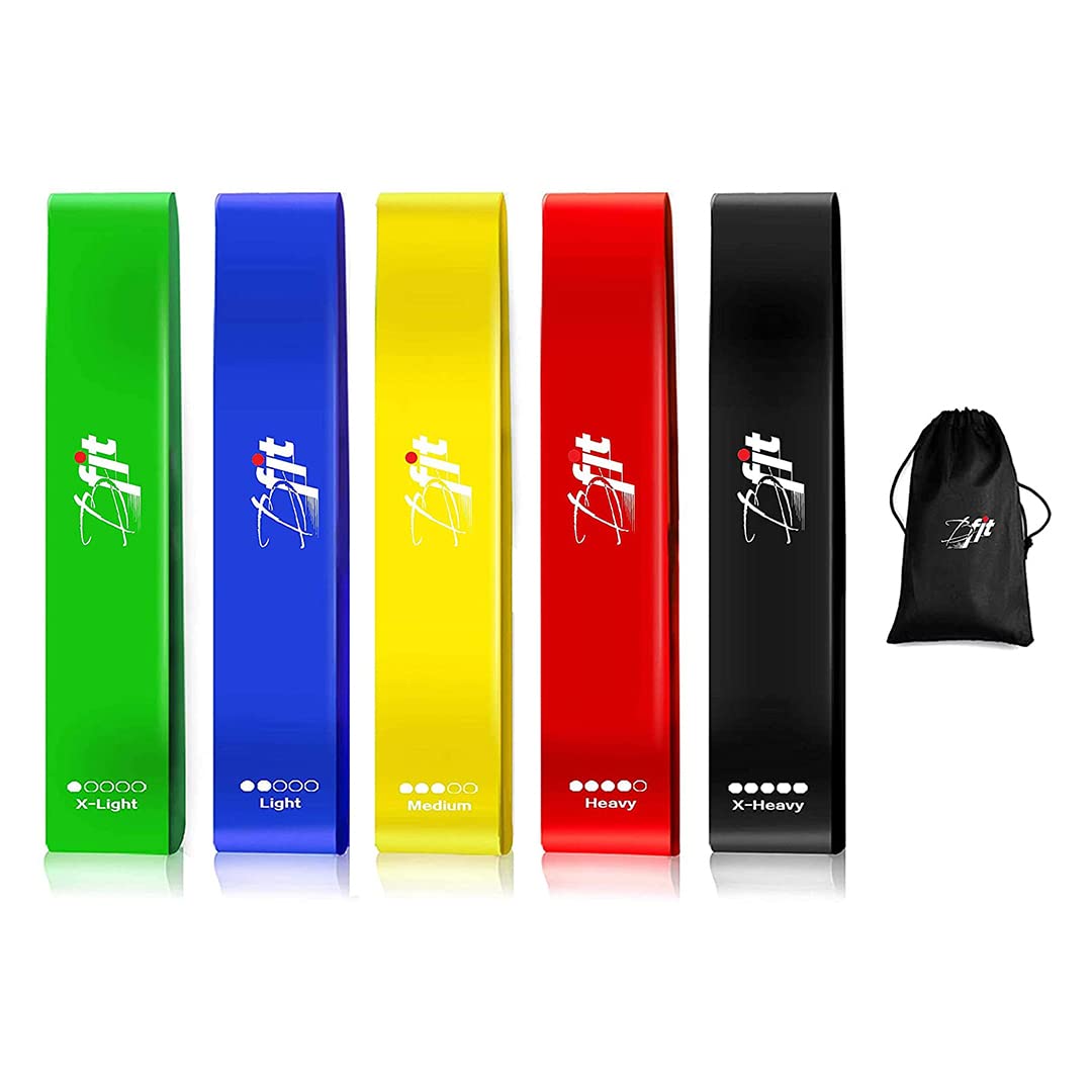 B Fit Resistance Loop Exercise Bands Set of 5 Fitness Bands Perfect for Legs and Butt Yoga Crossfit Strength Training Pilates with Instruction Guide, Carry Bag AB3219