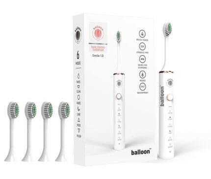 BALLOON Sonic Electric Toothbrush Smile 1.0 | 4 Free Brush Heads | Rechargeable | 6 Operational Modes | 30000 Vibrations Per Minute| IP67 Waterproof (WHITE), Adult, 1 Count
