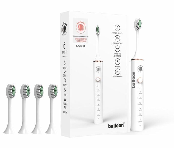 BALLOON Sonic Electric Toothbrush Smile 1.0 | 4 Free Brush Heads | Rechargeable | 6 Operational Modes | 30000 Vibrations Per Minute| IP67 Waterproof (WHITE), Adult, 1 Count