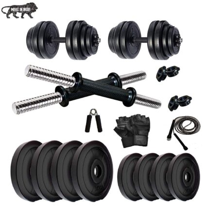 BEACON INTERNATIONAL PVC Dumbbell Set 15 KG with Dumbbell RODS, Gym Gloves, Skipping Rope, Hand Gripper