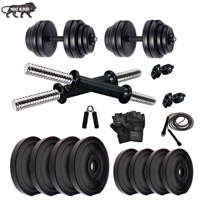 BEACON INTERNATIONAL PVC Dumbbell Set 15 KG with Dumbbell RODS, Gym Gloves, Skipping Rope, Hand Gripper