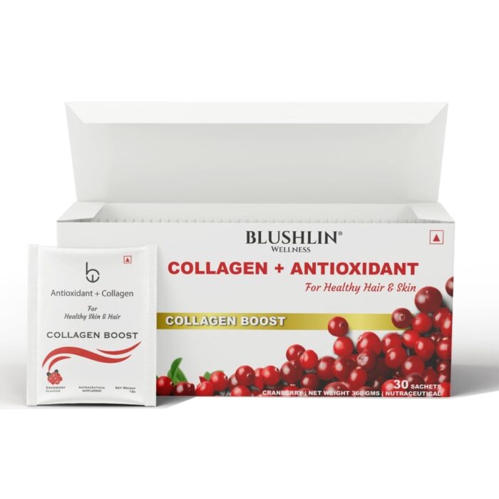 BLUSHLIN SCIENCE MEETS SKIN Marine Collagen Supplements For Skin Brightening - 360 Gms (30 Servings)|Antioxidants + Collagen Powder For Women & Men|Cranberry Flavor (30 Sachets),1 Count
