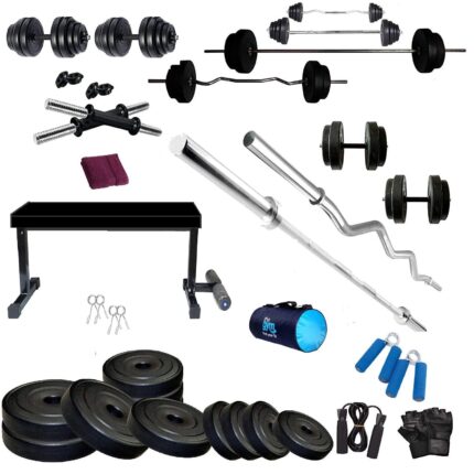 BODYFIT Home Gym Set Combo Kit, Equipment, (18Kg-100Kg) Weight Plates, 3Ft Curl, 5Ft Rod, Flat Heavy Leg Bench,2 Pcs Dumbbell Rods,Fitness Exercise Set. (56 Kg Set)