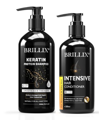 BRILLIX KERATIN PROTEIN SHAMPOO 300 ml + INTENSIVE HAIR CONDITIONER 200 ml Combo Pack - Smooth and Silky Hair Therapy, Suitable for Natural and Color Treated Hair