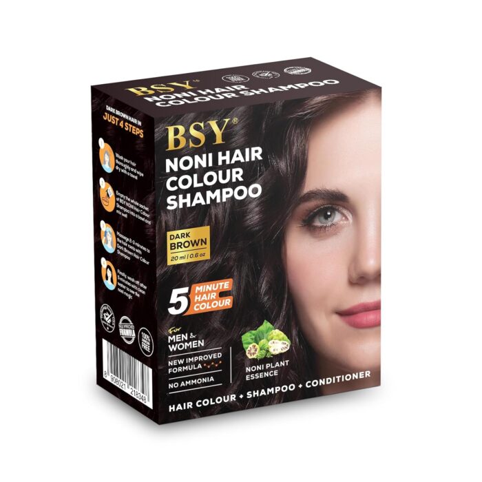 BSY Noni Dark Brown Hair Color Shampoo (20ml x 6 Sachets) | Ammonia Free Hair Color Shampoo for men, Natural Dark Brown Permanent Hair Dye Shampoo for women, Noni Fruit Hair Dye,5 Minutes Hair Colour