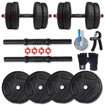 BULLAR Premium Adjustable Dumbbells Set 8 Kg to 30 Kg with Pair of Dumbbell Rods and PVC Weight Plates with Premium gym accessories (10Kg Dumbell With Acc)