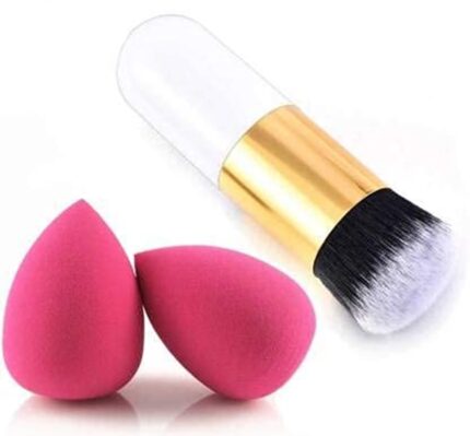 Beautiflame 1 Round Foundation Makeup Brush, 2 Pieces Makeup Sponge Blender (Mini Foundation Brush With 2Pcs Blender Puff)