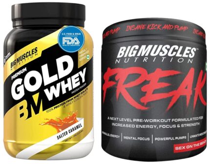 Bigmuscles Nutrition Premium Gold Whey 1Kilogram Whey Protein Isolate Blend| 25G Protein Per Serving [Salted Caramel] & Freak Pre-Workout Sex On The Beach [30 Servings, Pack Of 180G Powder]
