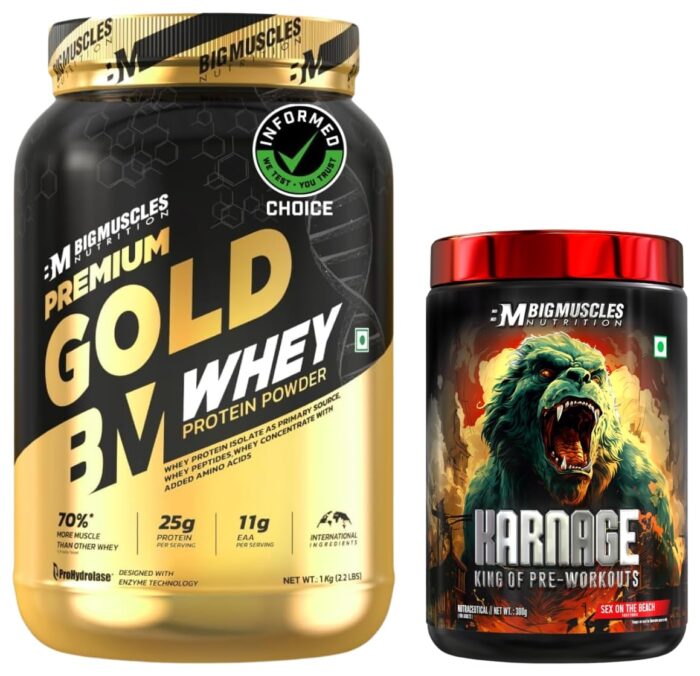 Bigmuscles Nutrition Premium Gold Whey 1Kilogram[Belgian Chocolate] + Karnage Pre-Workout 300 Gm, 1 Scoop