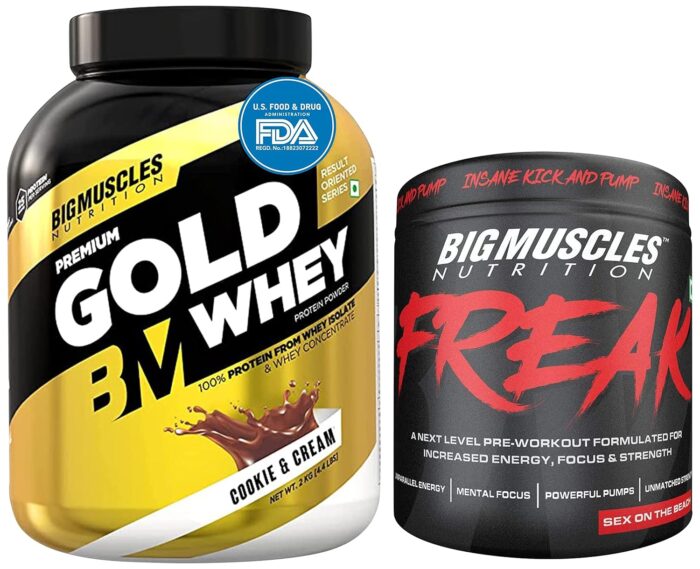 Bigmuscles Nutrition Premium Gold Whey 2Kilogram Whey Protein Isolate Blend | 25G Protein Per Serving [Cookie & Cream] & Nutrition Freak Pre-Workout Sex On The Beach [30 Servings, 180G]