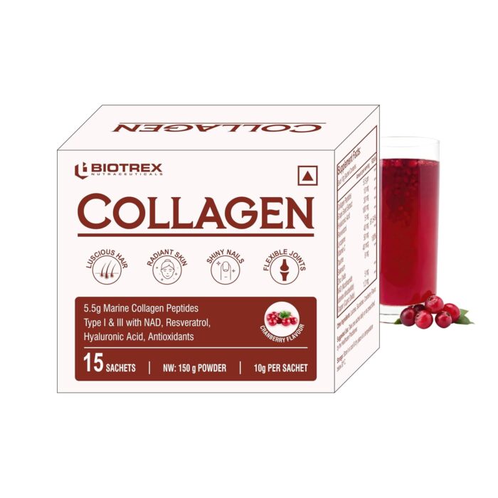 Biotrex Nutraceuticals Collagen Powder Supplement - 15 Sachets For Men & Women, Marine Collagen Powder Supports Healthy Skin, Luscious Hair, Flexible Joints, Shiny Nails, Cranberry Flavour