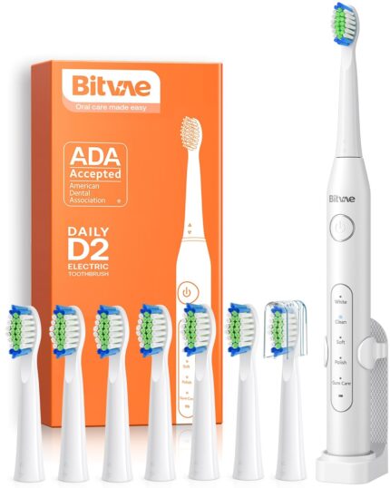 Bitvae Daily D2 Electric Toothbrush For Kids & Adults, ADA Accepted, 5 Cleaning Modes, 40,000 Strokes/Minute, 2-Minute Smart Timer, 30 Days Bettery Life, IPX7 Waterproof, Type-C Cable, 12 Months Warranty, 8 Brush Heads, 1 Holder, 1 Travel Case, Frost White