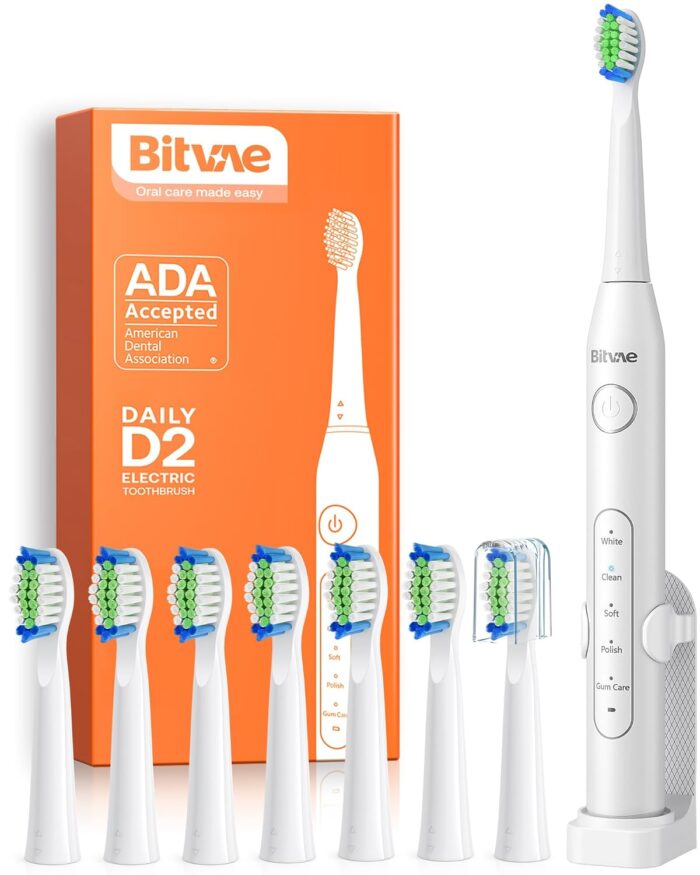 Bitvae Daily D2 Electric Toothbrush For Kids & Adults, ADA Accepted, 5 Cleaning Modes, 40,000 Strokes/Minute, 2-Minute Smart Timer, 30 Days Bettery Life, IPX7 Waterproof, Type-C Cable, 12 Months Warranty, 8 Brush Heads, 1 Holder, 1 Travel Case, Frost White