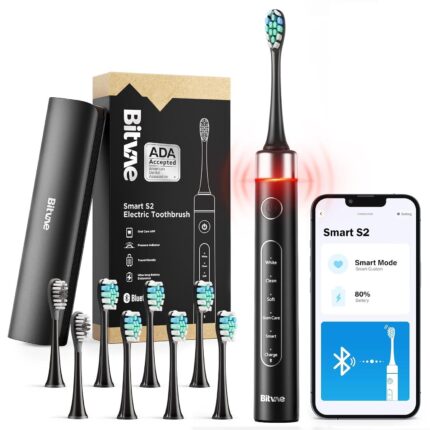 Bitvae Smart S2 Ultrasonic Electric Toothbrush for Elite Adults | ADA Accepted | 5 Brushing Modes | 9 Intensity Levels | 10X Times More Effective | Free Smart App | 40,000 Vibration Per Minute | 100 Days Battery Life | Pressure Sensors | 12 Months Replacement Warranty | 8 Brush Heads (2 Years Use) | 1 Head Cap | 1 Travel Case