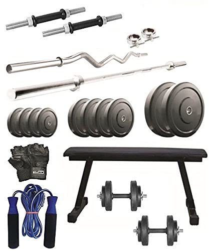 Body Maxx 10 Kg Home Gym Package + Rubber Plates + 3 Feet Curl Rod + 5 Feet Straight Rod + Gloves + Rope + Flat Bench