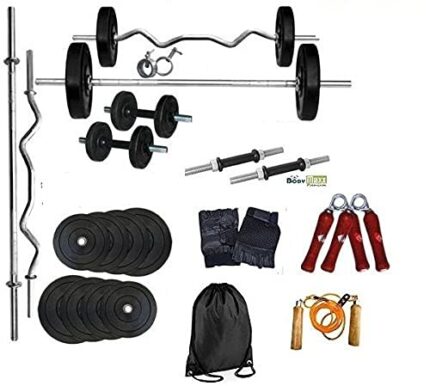 Body Maxx 15 Kg Home Gym Rubber Weight Plates + 1 No x 3Ft Ez Curl Bar + 1 No x 5 Ft Straight Bar + 2 Dumbells Rods 14 Inches + Gloves + Rope + Gym Bag + Hand Grippers + Locks (Home Gym Set)