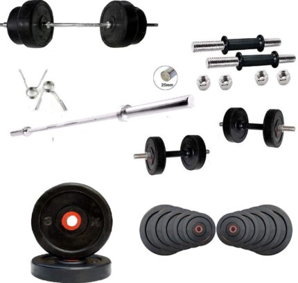 Body Tech Rubber 10kg-Combo with 14 Inches Steel Dumbbells Rod and 5Feet Straight Rod 25mm