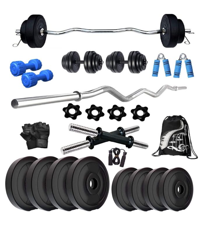 BodyFit Fitness Home Gym Set with 3ft Curl and 2x14 Inch Dumbbell Set (Multicolor) (50kg Gym Set)